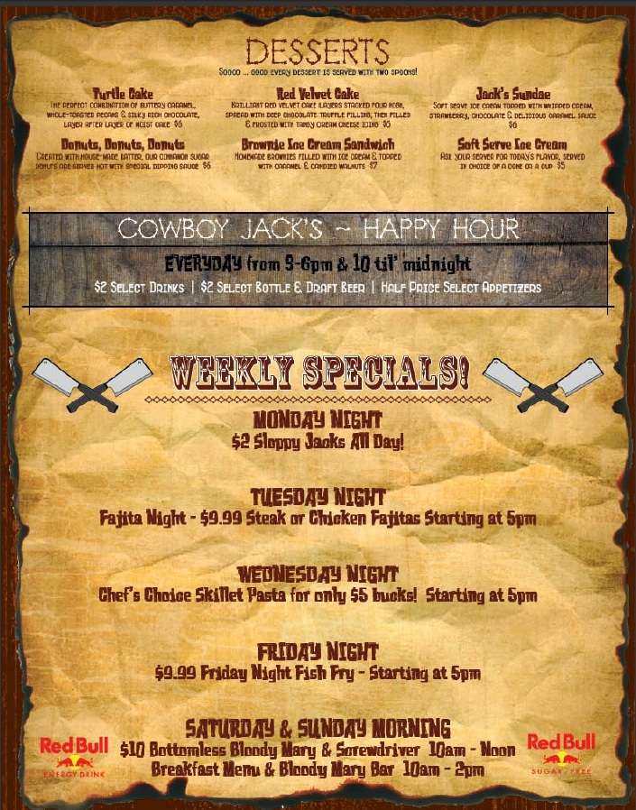 Menu at Cowboy Jacks Bloomington pub & bar, Bloomington, Southtown Dr