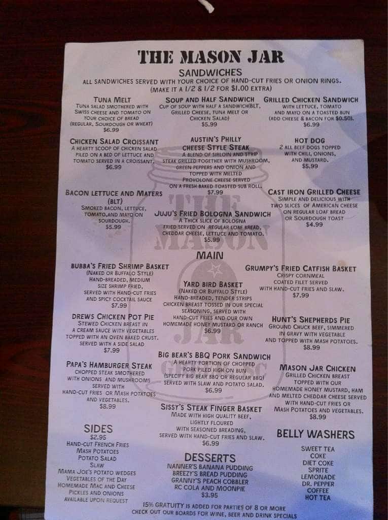 Menu at The Mason Jar restaurant, Greer