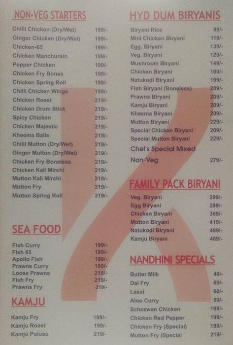 Nandhini Restaurant & Bar menu
