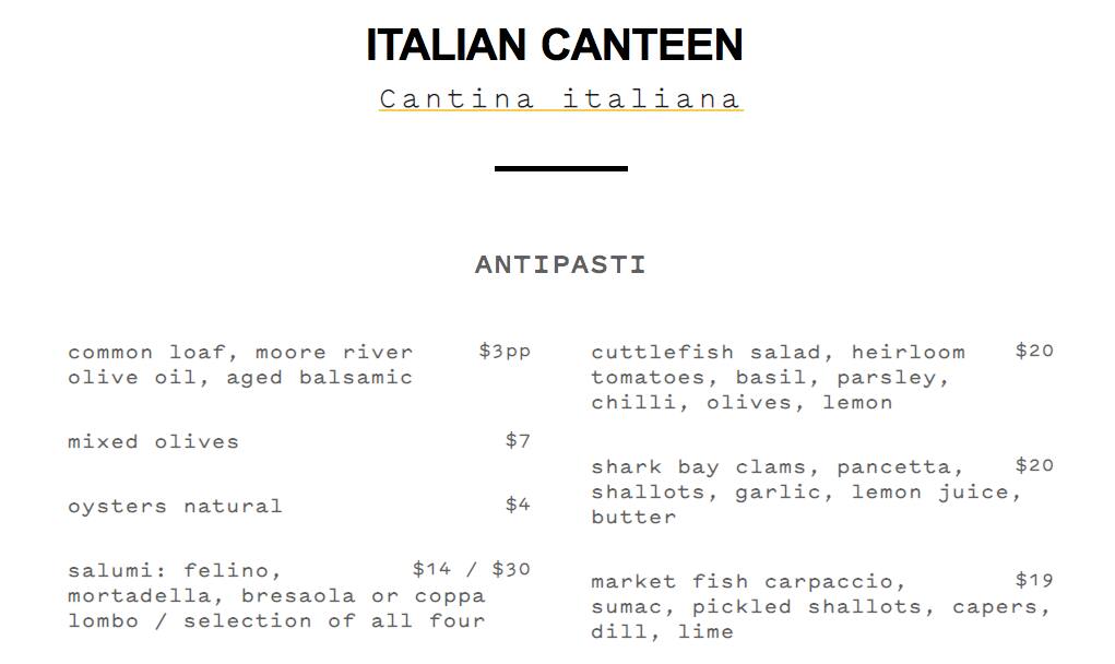 Menu at Il Lido Italian Canteen restaurant, Cottesloe