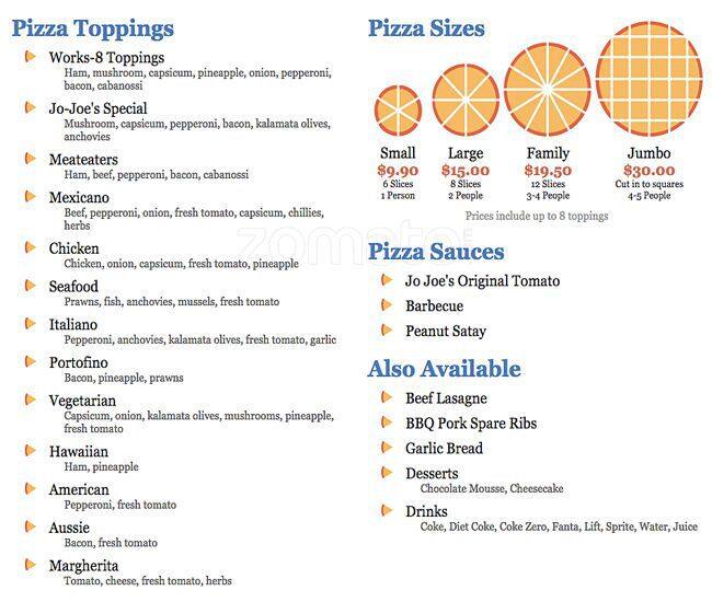 Jo Joes Pizza Menu, Menu for Jo Joes Pizza, Alfred Cove, Perth