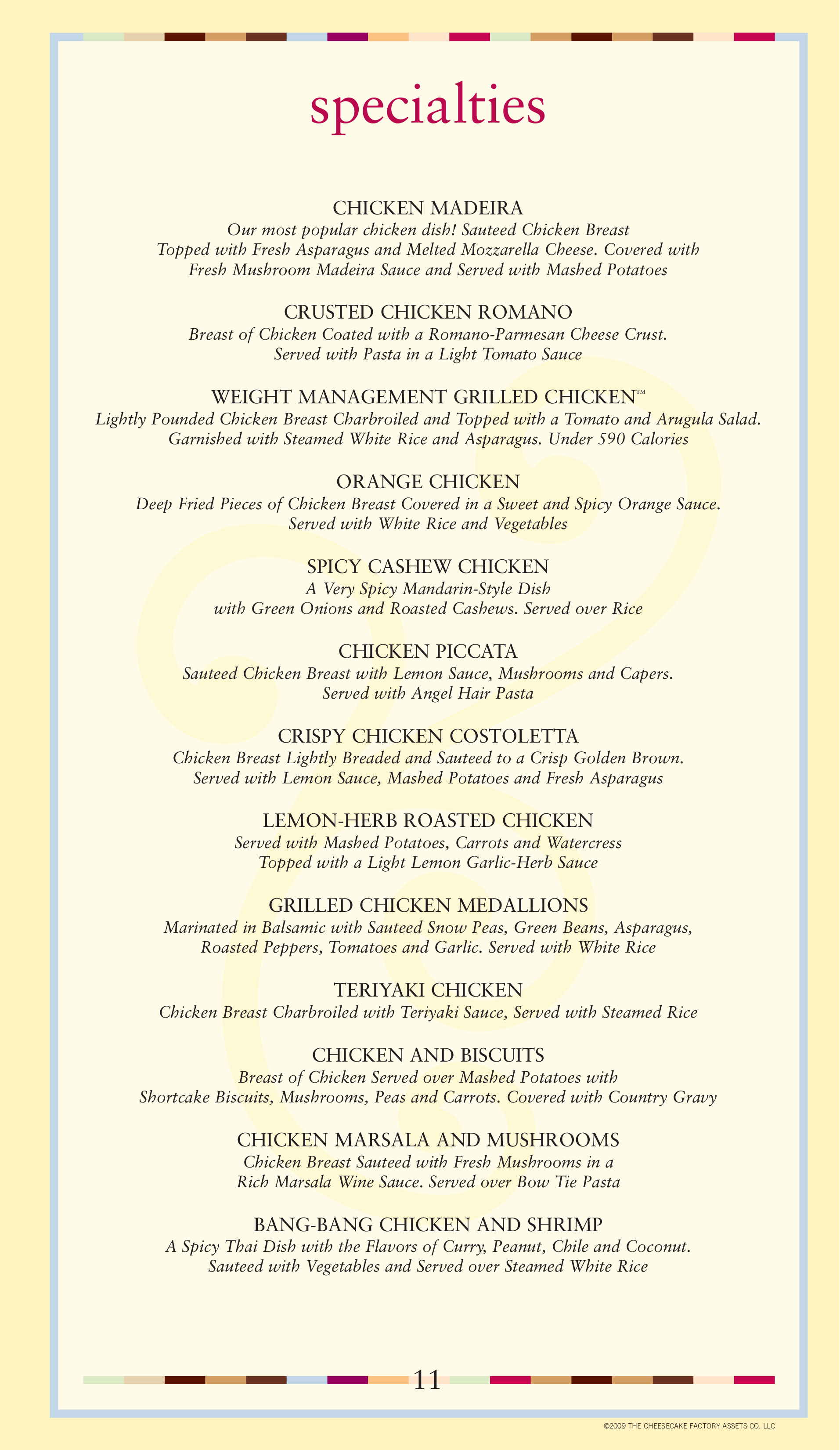 Cheesecake Factory Printable Menu