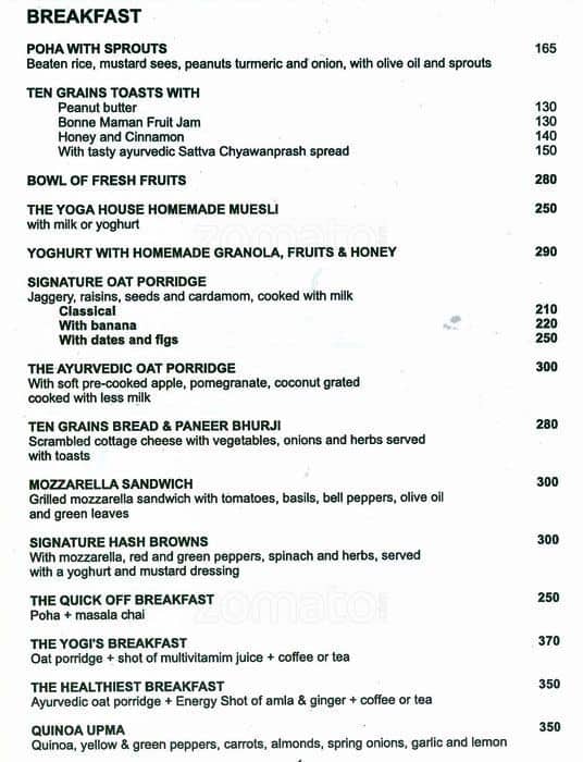 The Yoga House Menu, Menu for The Yoga House, Carter Road, Bandra West