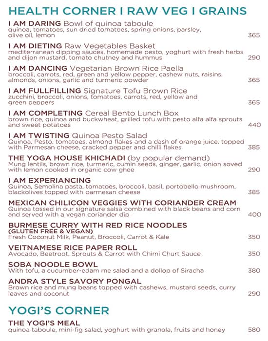 The Yoga House Studio & Cafe menu