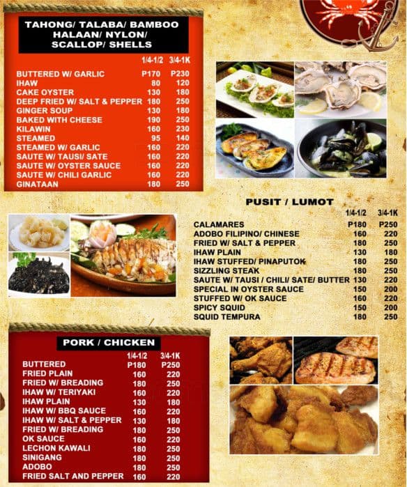 Menu at The Crab Pot restaurant, Las Pinas