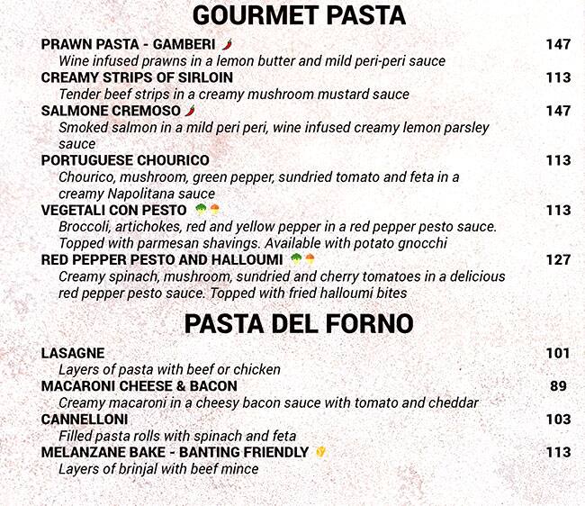 Menu au del forno restaurant, Randburg, Fairland Centre