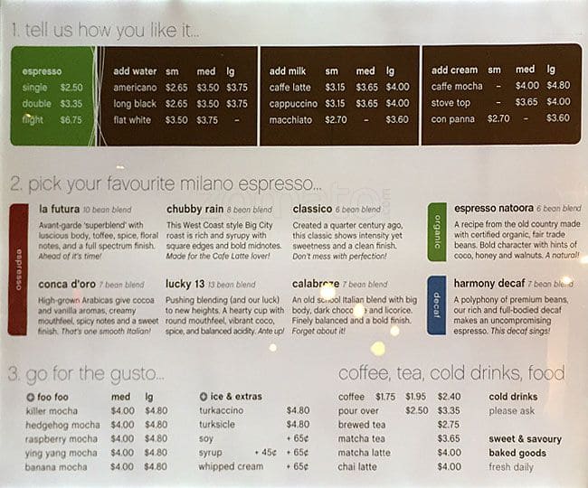 Milano Espresso Lounge Menu, Menu for Milano Espresso Lounge, Gastown