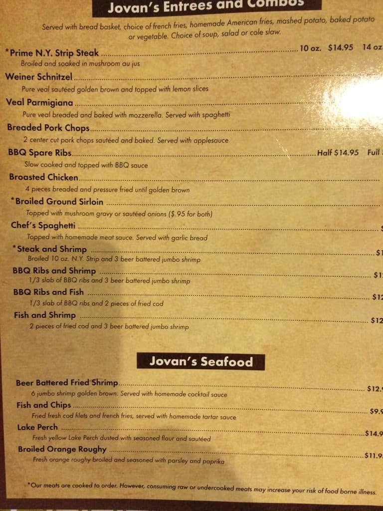 Jovan's Steak House a Detroit Foto del Menu con Prezzi Urbanspoon/Zomato