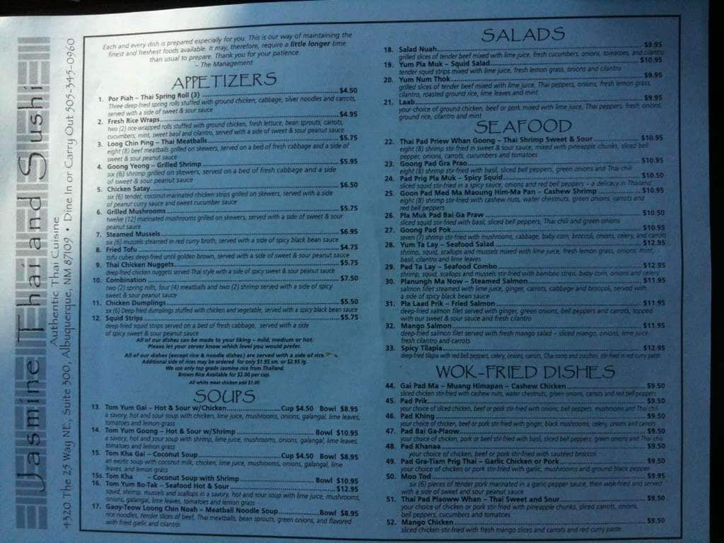 Jasmine Thai and Sushi House Menu Urbanspoon/Zomato