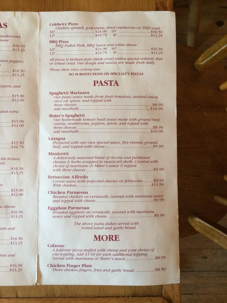 Menu at Mater's Pizza & Pasta Emporium pizzeria, Albertville