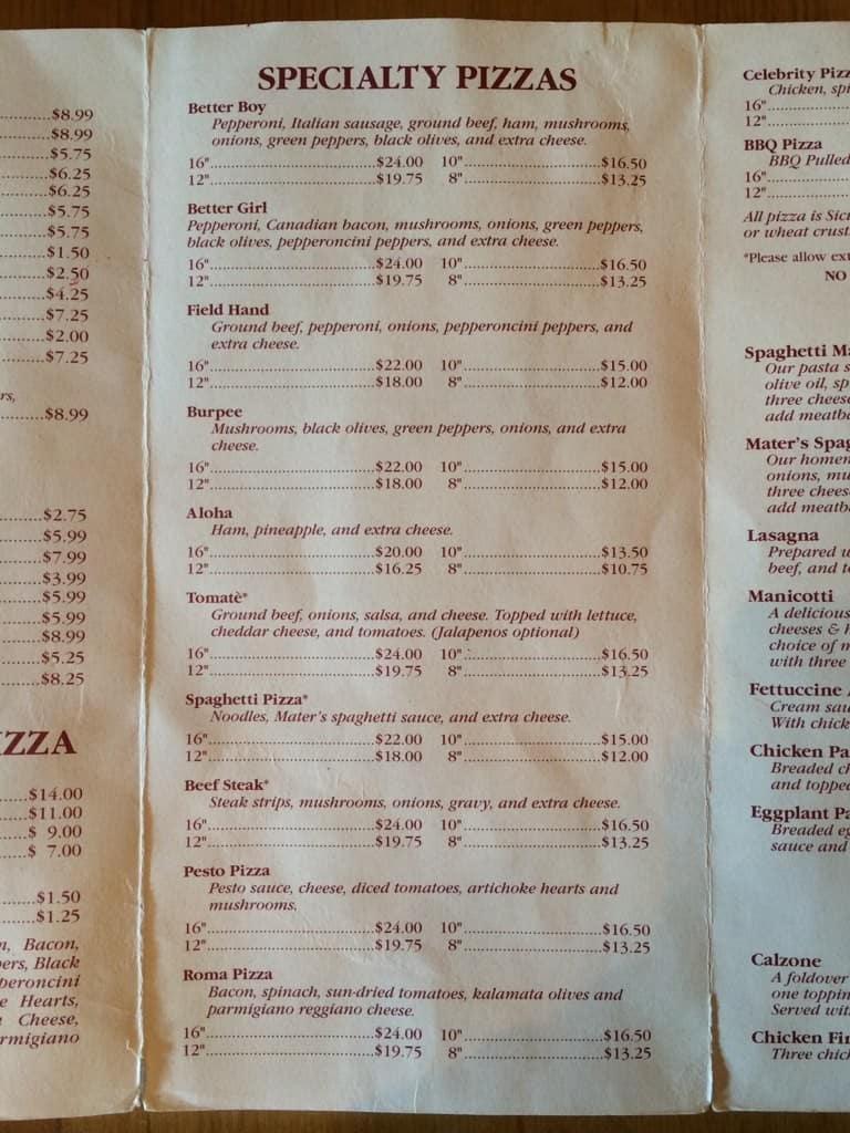 Menu at Mater's Pizza & Pasta Emporium pizzeria, Albertville