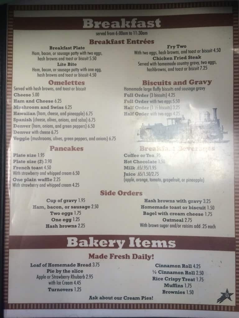 Menu at Whistle Stop cafe, Cascade