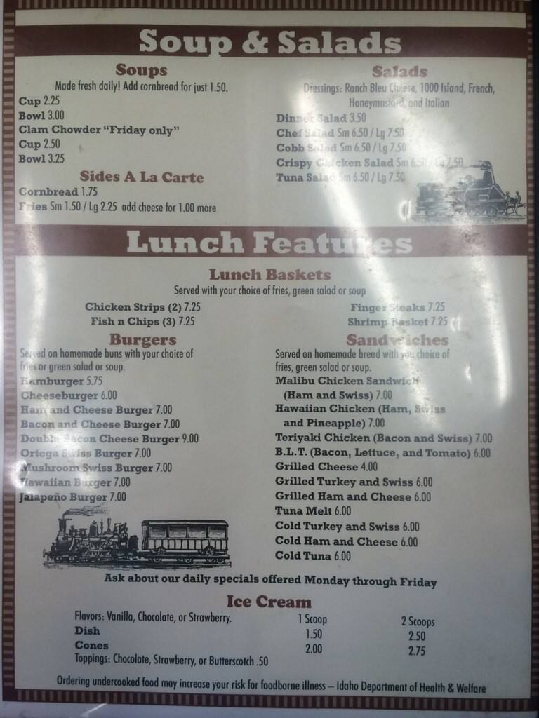 Menu at Whistle Stop cafe, Cascade