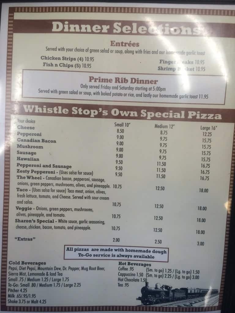 Menu at Whistle Stop cafe, Cascade