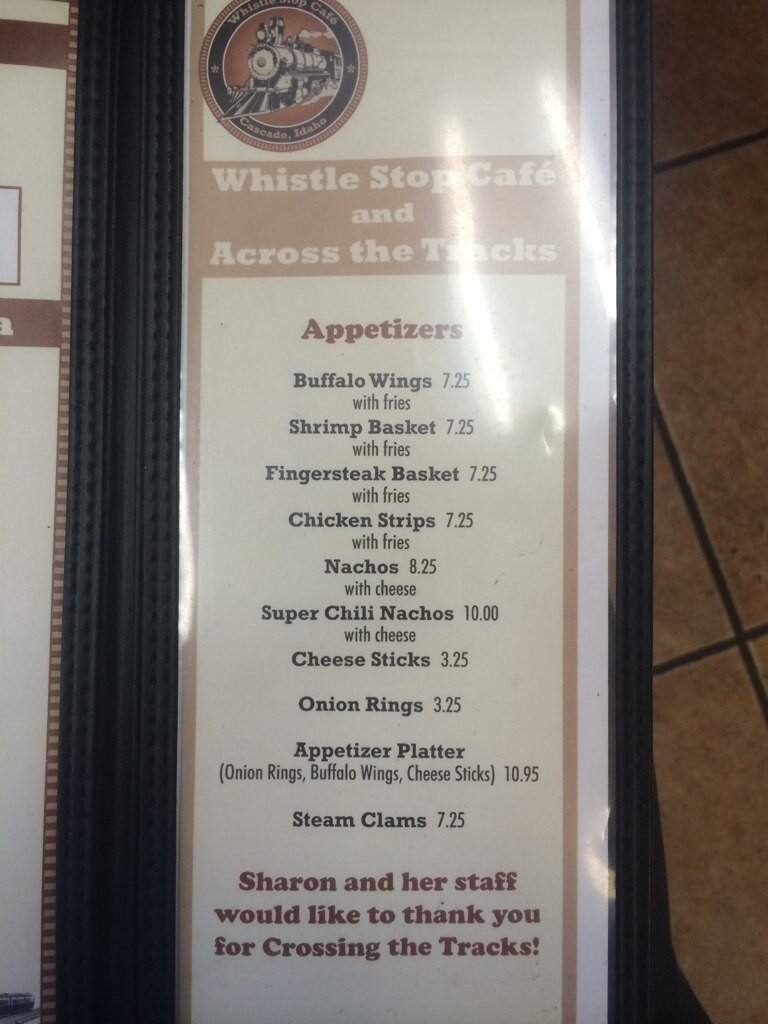 Menu at Whistle Stop cafe, Cascade