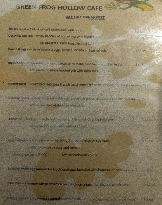 Menu at Green Frog Hollow cafe, Logan Village