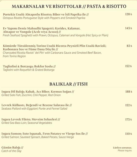 Menu at 29, Istanbul