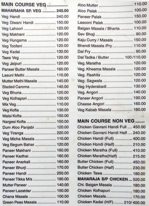 Maharaja Restaurant And Bar menu