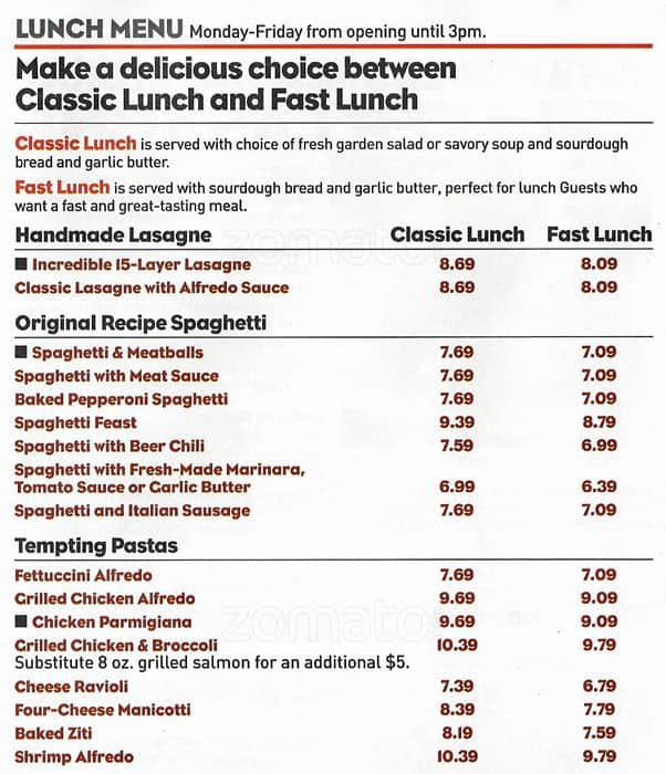 Spaghetti Warehouse Menu, Menu for Spaghetti Warehouse, Downtown