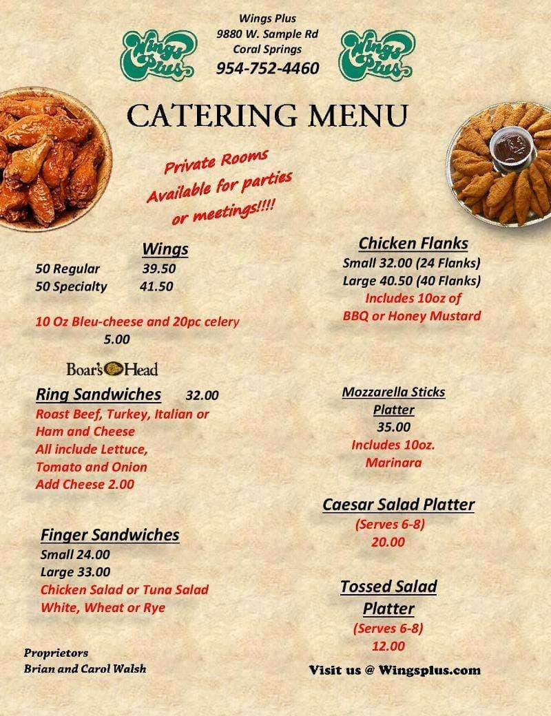 Menu at Wings Plus restaurant, Coral Springs, W Sample Rd