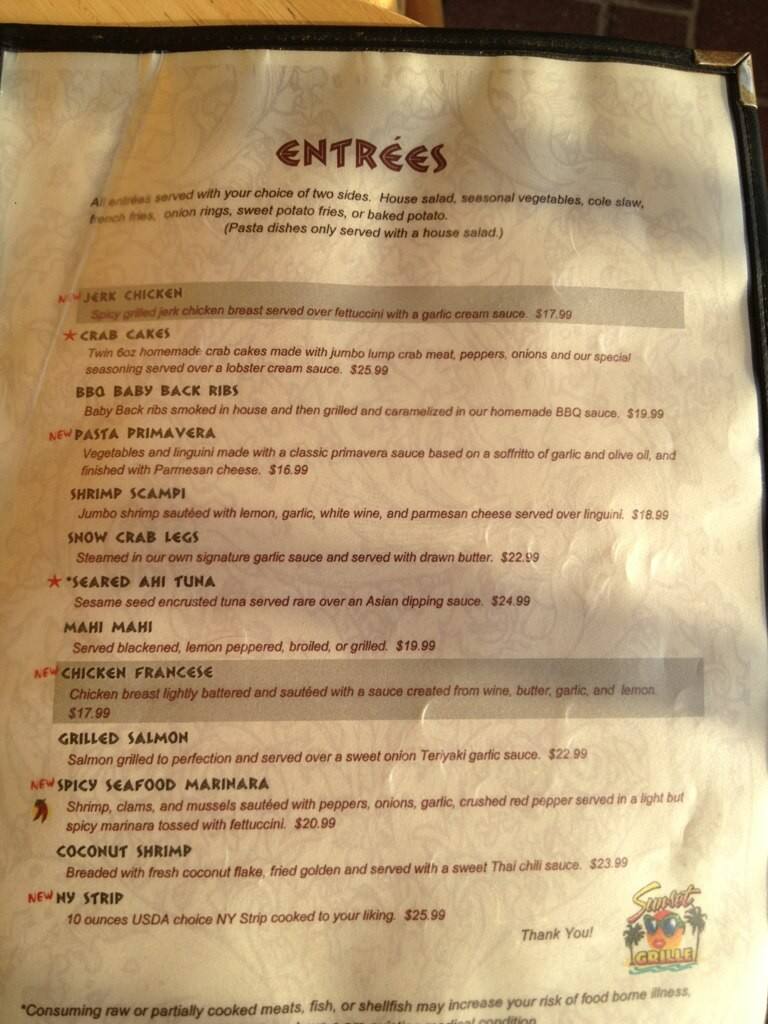 Menu at Sunset Grille pub & bar, Marco Island