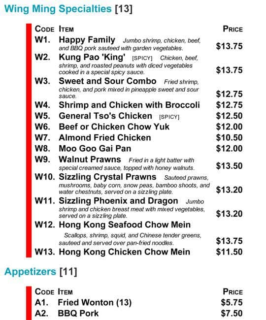 Menu at Wing Ming restaurant, Lebanon