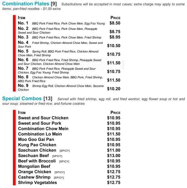 Menu at Wing Ming restaurant, Lebanon