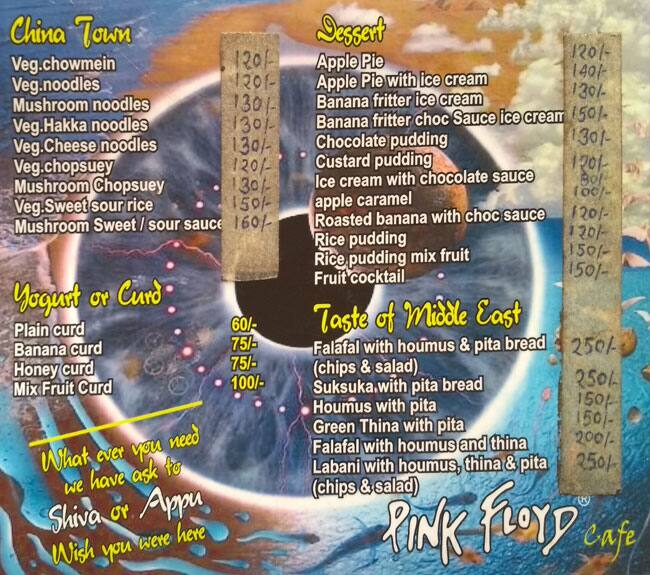 pink floyd cafe-pushkar menu