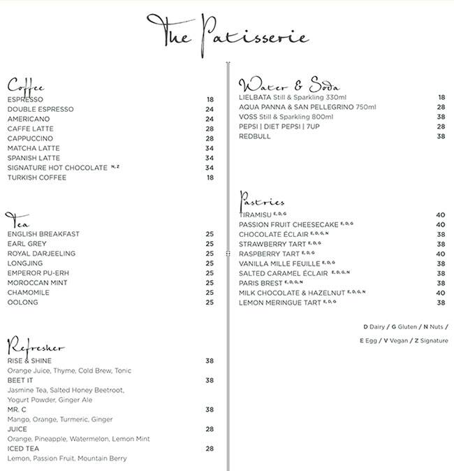Menu at Patisserie, Dubai