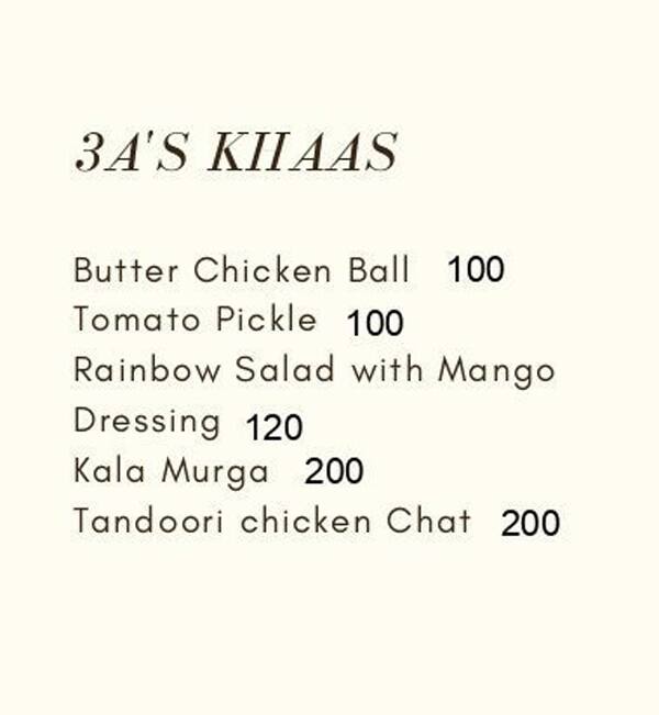 Menu of 3A's Khaas, Kharadi, Pune