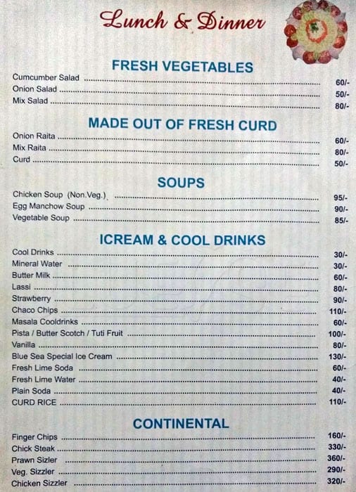 Blue Sea Fine Dining menu