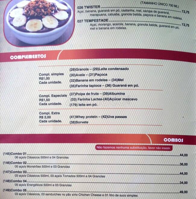 Sub's Açaí cardápio