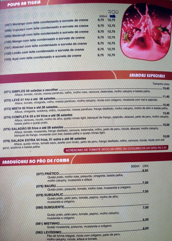 Sub's Açaí cardápio