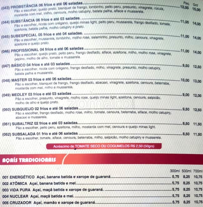 Sub's Açaí cardápio