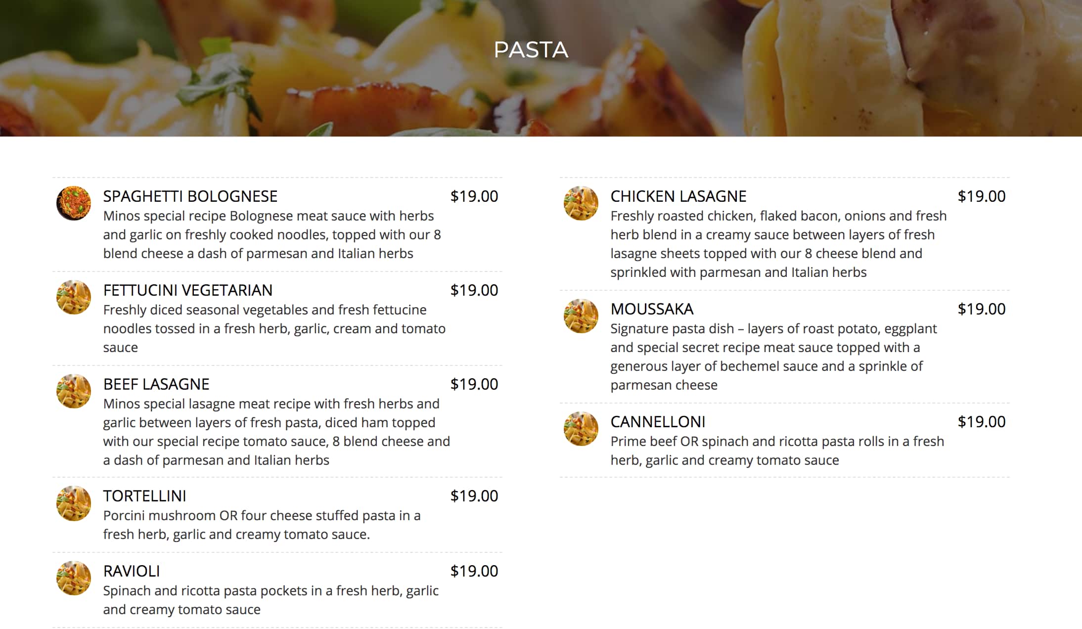 Menu at Minos Pizza restaurant, Auckland