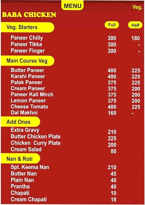 Baba Chicken Brs Nagar menu
