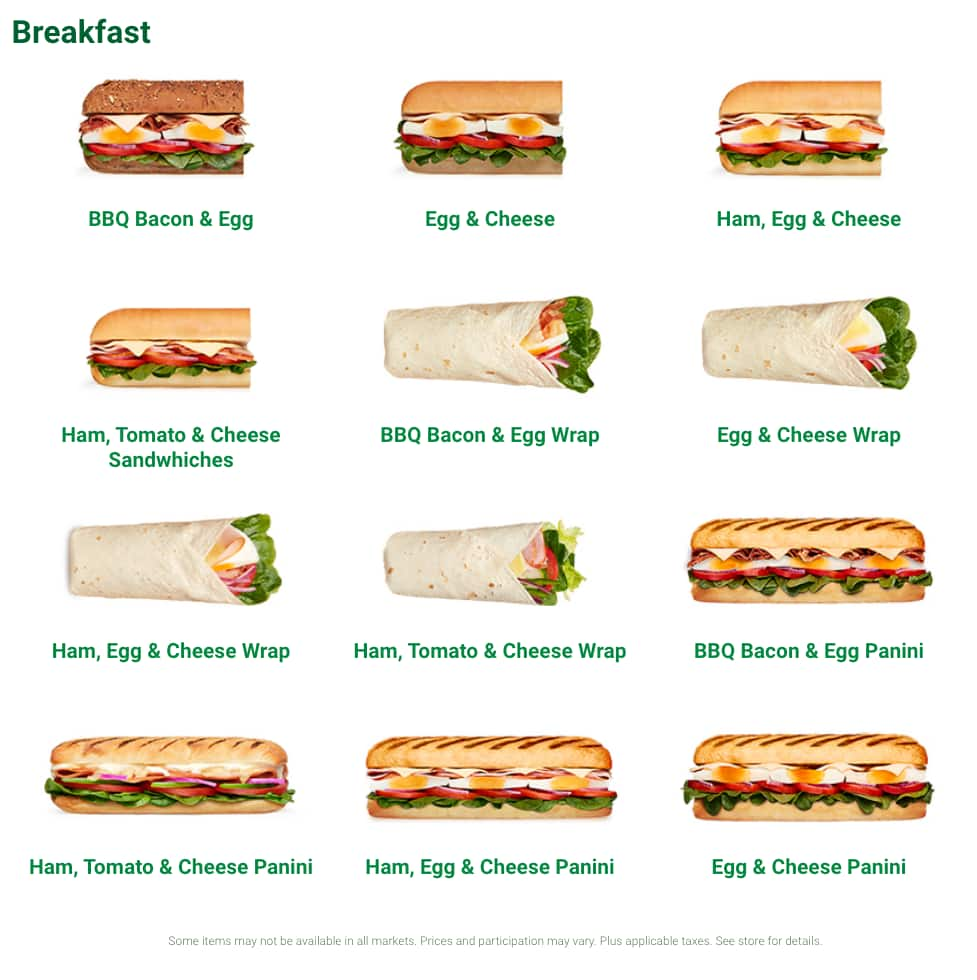 Menu at Subway fast food, Brisbane City, shop 12/230 Brunswick St