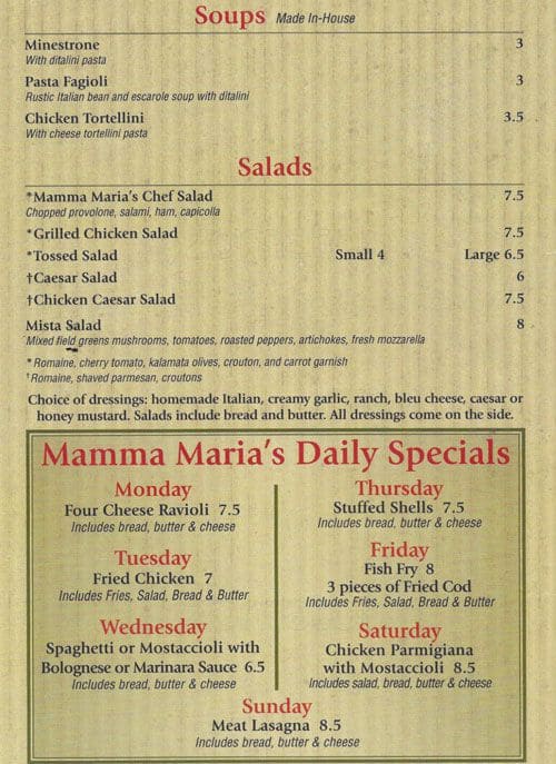 Menu at Mamma Maria's Pizzeria, Bensenville