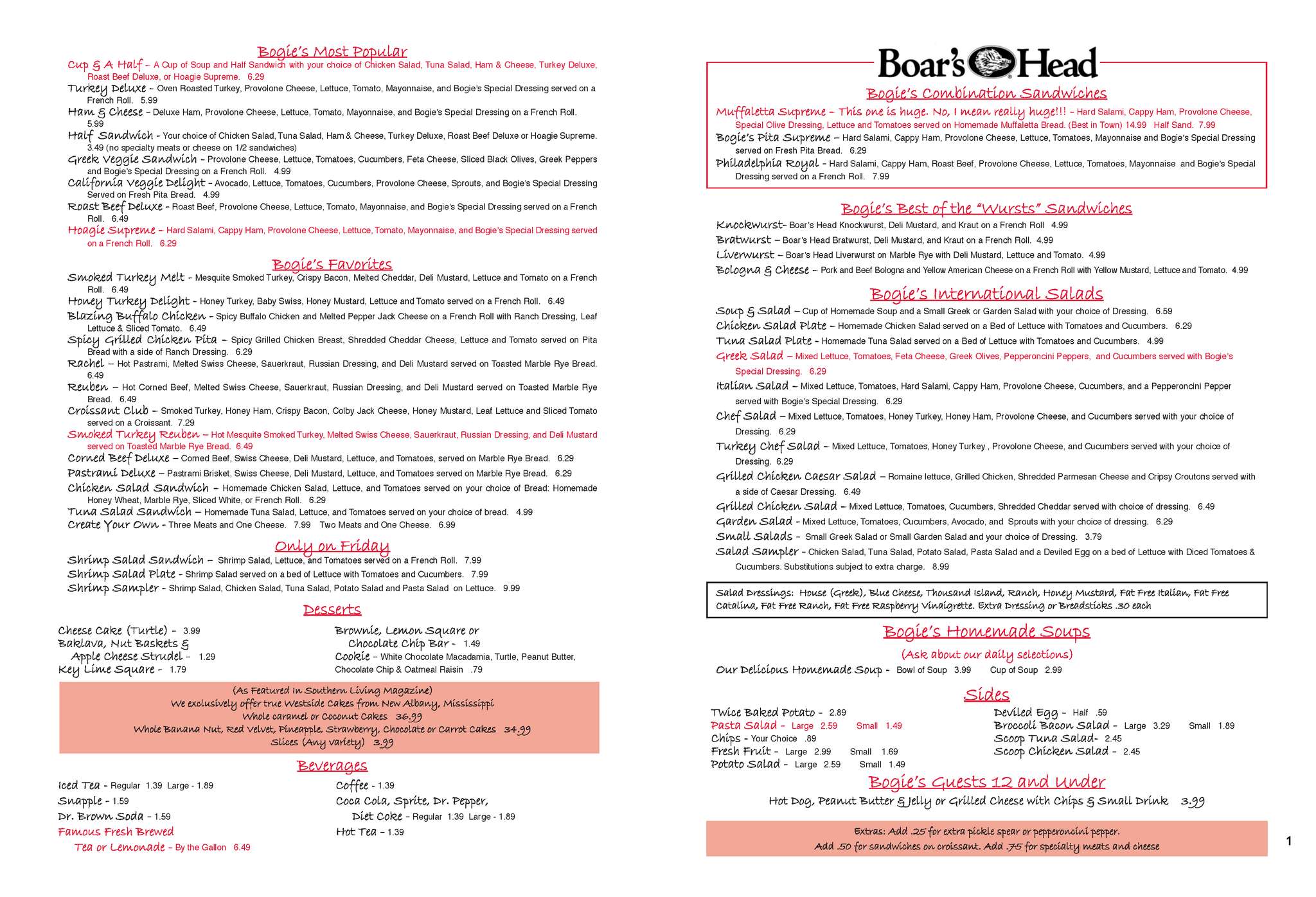 Menu at Bogie's Delicatessen Downtown, Memphis, 80 Monroe Ave