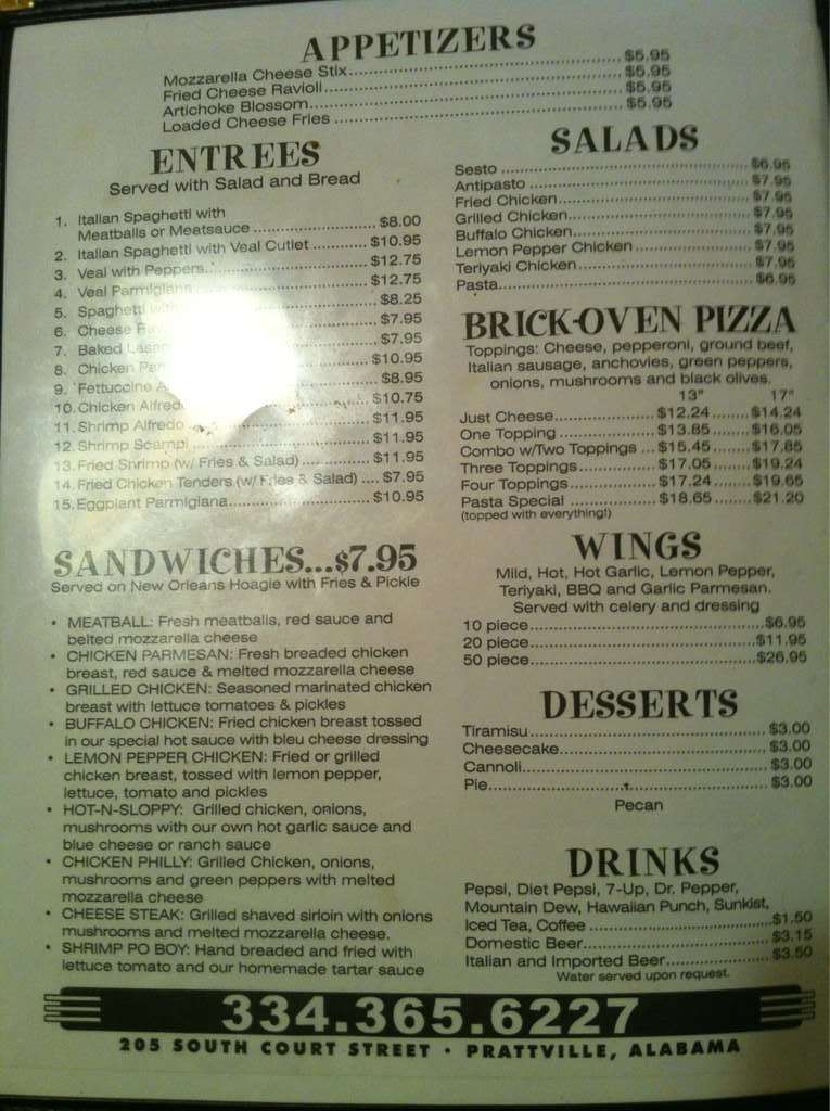 Menu at Pasta Pizzeria and Grill, Prattville