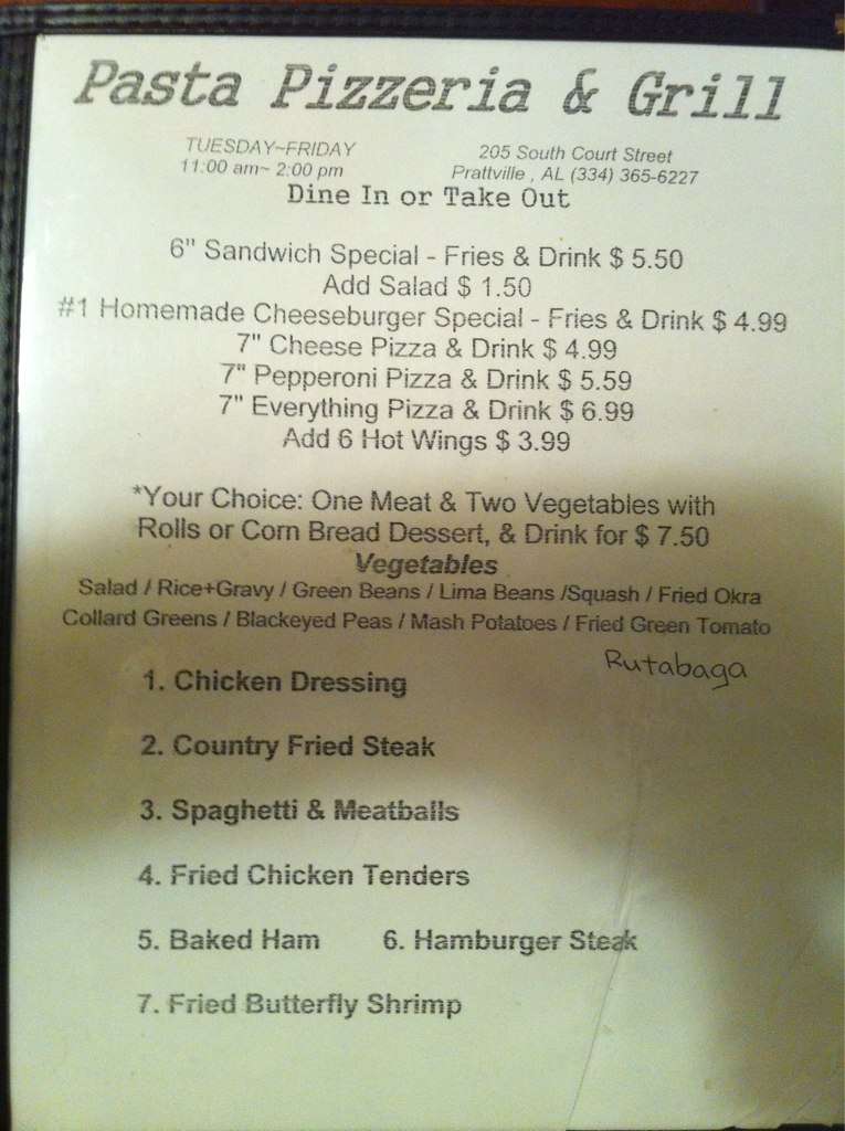 Menu at Pasta Pizzeria and Grill, Prattville