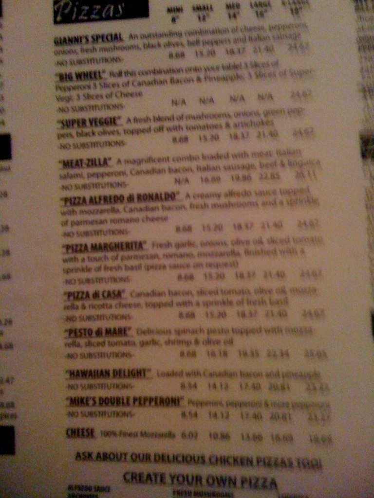 Gianni's Pizza Menu, Menu for Gianni's Pizza, Monterey, Monterey Bay