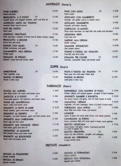 Il Posto Menu Menu For Il Posto Victoria London