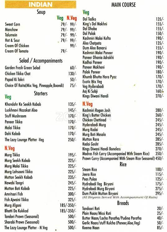 Menu at Lazy Lounge, New Delhi