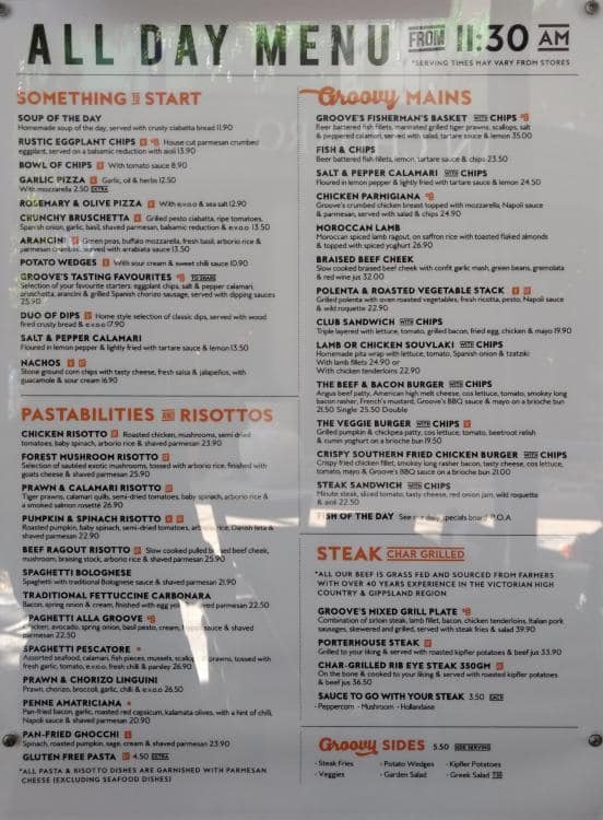 Menu at Groove Train restaurant, Chermside