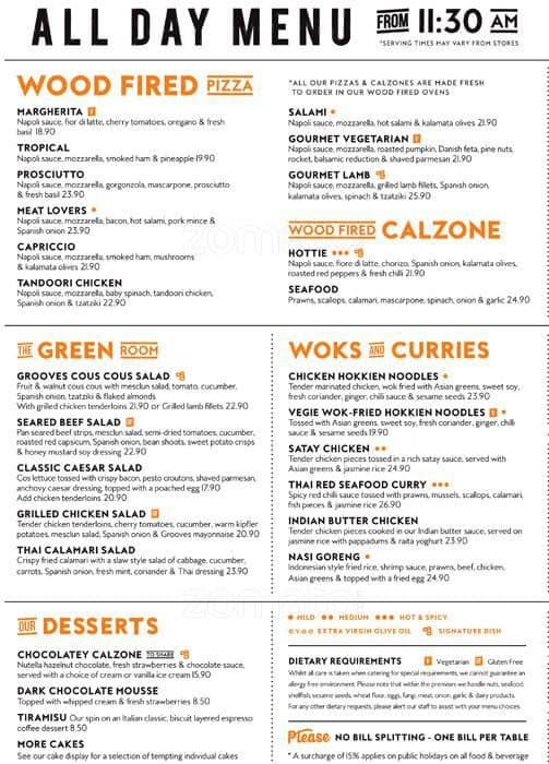 Menu at Groove Train restaurant, Brisbane City, 123 Eagle St