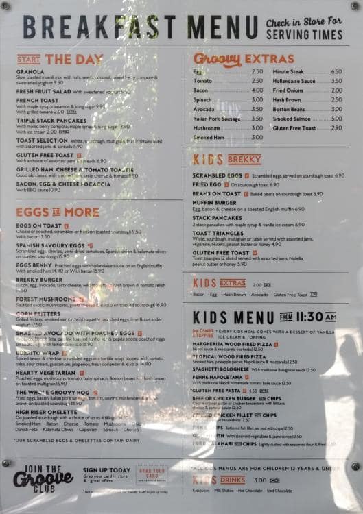 Menu at The Groove Train Brisbane Riverside restaurant, Brisbane City