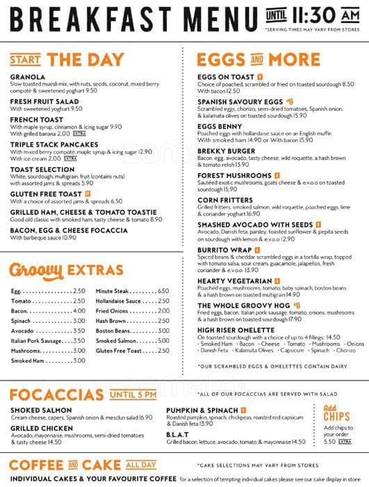 Menu at Groove Train restaurant, Brisbane City, 123 Eagle St