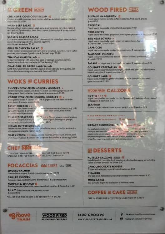 Menu at The Groove Train Brisbane Riverside restaurant, Brisbane City