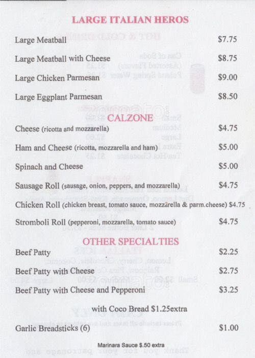 Menu at Phil's Pizza pizzeria, New York City